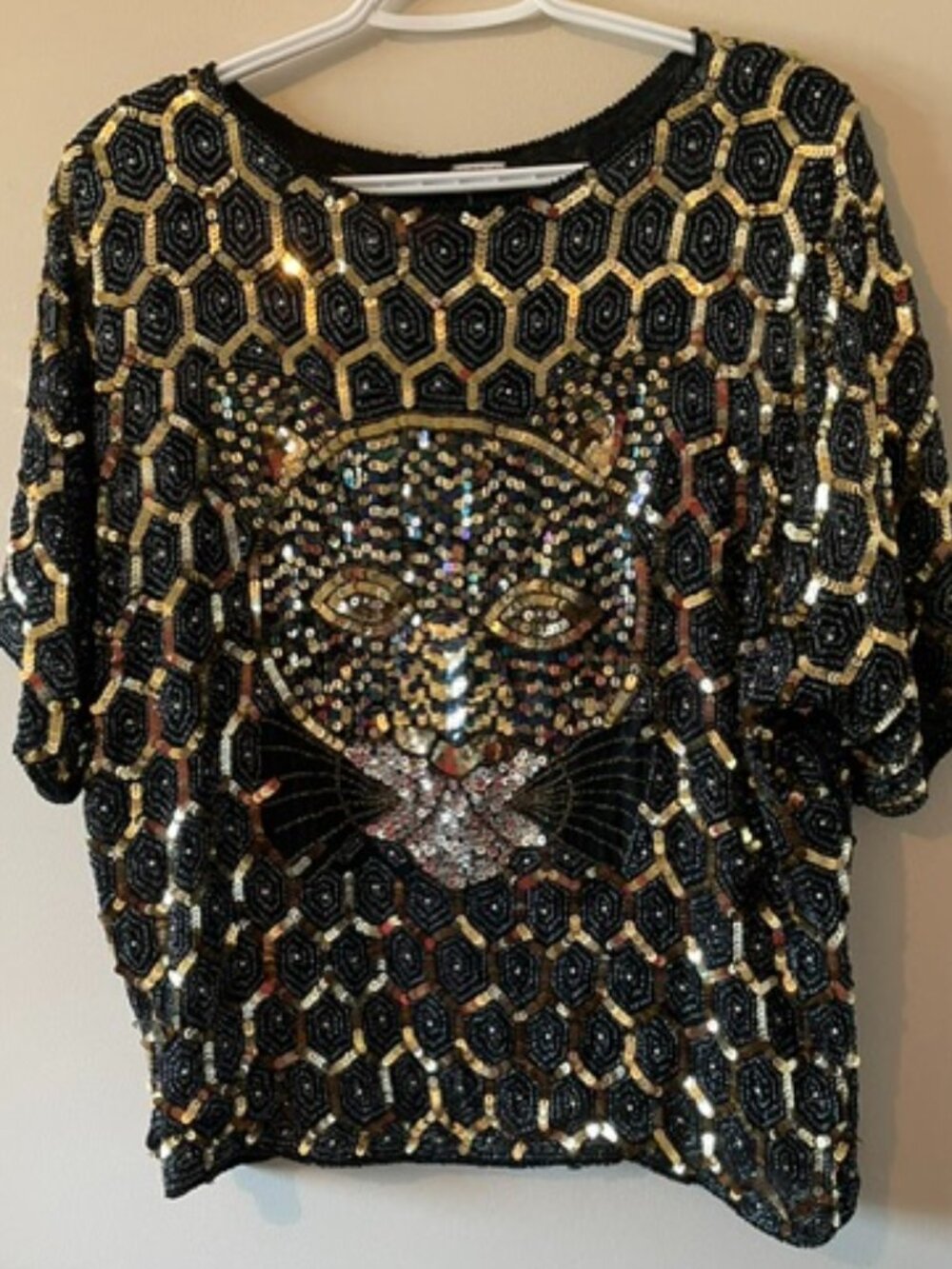 Exquisite VTG Black/Gold Sequins, beads /silver threads Top w Sequin Tiger S L - Picture 2 of 8